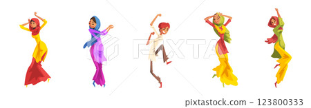 Indian Man and Woman Street Dancer in Traditional Clothes Vector Set 123800333