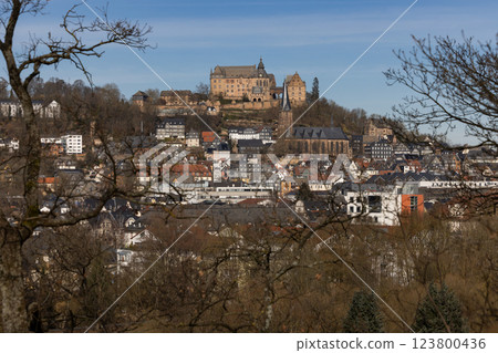 The Marburg Castle, also called Landgrave's Castle, and the Lutheran Parish Church (mid) above the old town of Marburg, Hesse, Germany, Europe 123800436