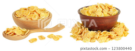 Cornflakes in wooden bowl and spoon isolated on white background. 123800440