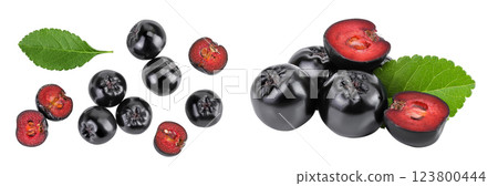 Chokeberry with leaf isolated on white background. Black aronia. Top view. Flat lay Chokeberry with leaf isolated on white background. Black aronia. Top view. Flat lay 123800444