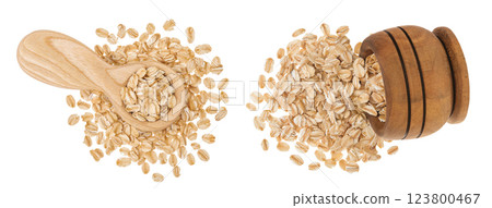 Oat flakes in wooden spoon and bowl isolated on white background with full depth of field. Top view. Flat lay 123800467