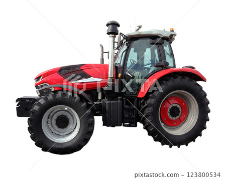 Red farm tractor showcases a side view with sturdy tires and advanced technology. Ideal for diverse farming activities, this modern vehicle embodies efficiency and strength in agriculture. 123800534
