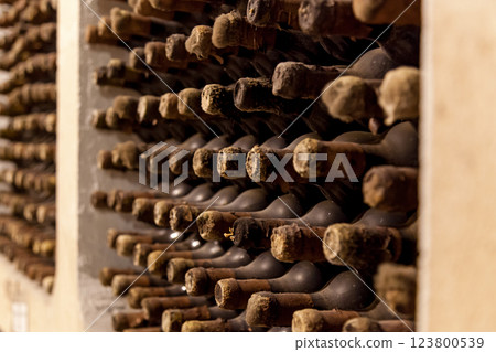 Old bottles of wine stacked in rows 123800539