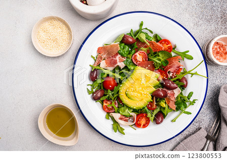 Green salad with avocado, salad leaves and jamon serrano or prosciutto 123800553