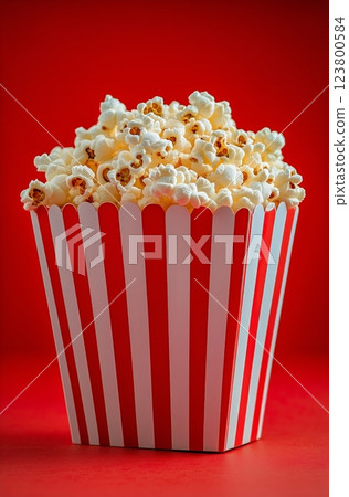 Freshly Popped Popcorn in a Red and White Striped Container on a Festive Background 123800584