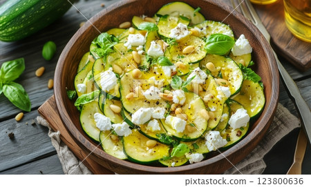 Fresh Zucchini Salad With Pine Nuts and Feta Cheese Served in a Wooden Bowl 123800636