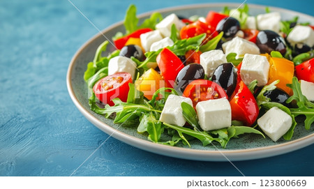Fresh Salad With Tomatoes, Olives, and Feta Cheese Served on a Plate 123800669