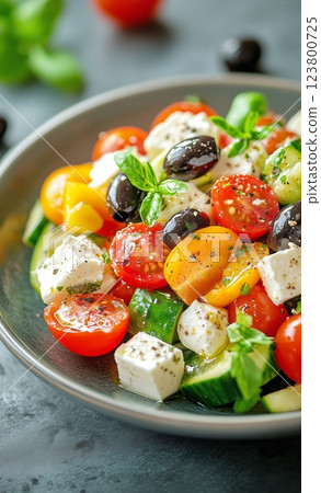 Fresh Tomato and Cucumber Salad With Feta and Olives Served on a Plate Fresh Tomato and Cucumber Salad With Feta and Olives Served on a Plate 123800725