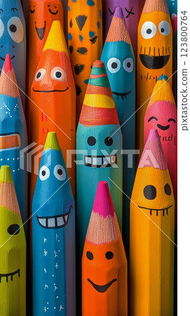 Colorful Pencils With Happy Faces Arranged in an Artistic Display for Childrens Creativity 123800764