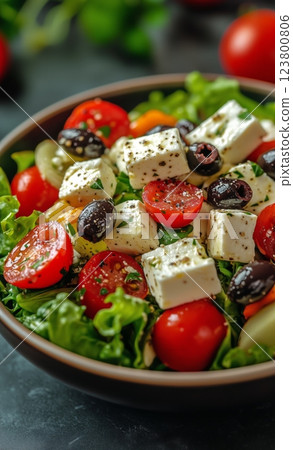 Fresh Tomato and Cucumber Salad With Feta and Olives Served on a Plate 123800806