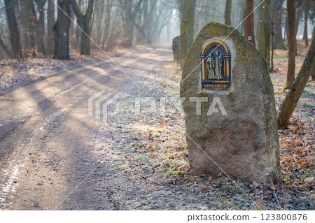 Road with stones of czech saints. Way of pilgrims to chapel of Petrohrad, Czech republic Road with stones of czech saints. Way of pilgrims to chapel of Petrohrad, Czech republic 123800876
