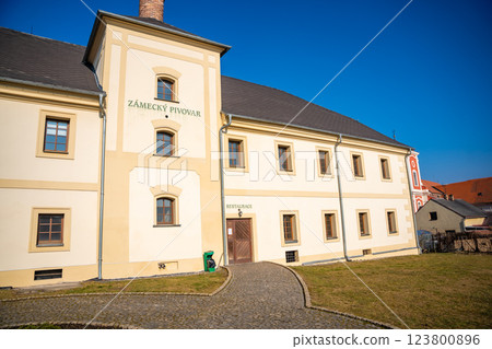 Old brewery with restaurant next to castle in Neo-Gothic style in Chyse, Czech republic. 123800896