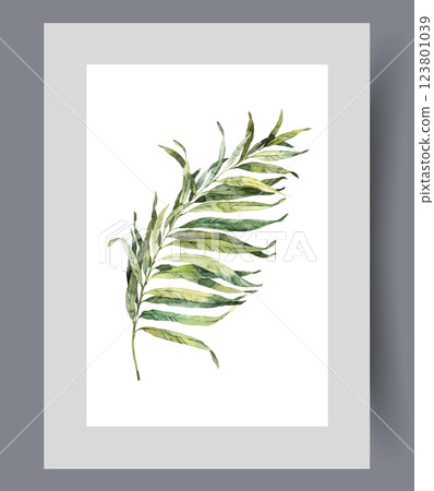 Sprig of plant or palm tree with oblong green petals on wall art. Watercolor artwork 123801039