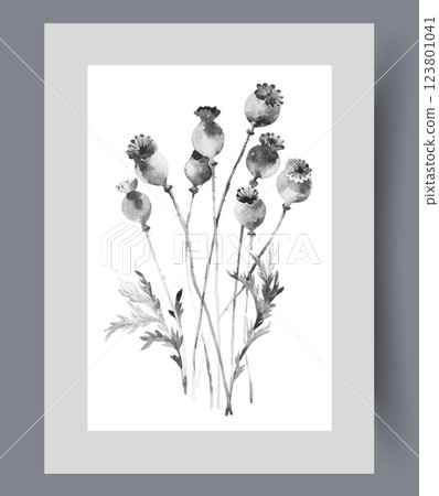 Wildflowers or plants with unopened buds on top of thin stems on wall art. Watercolor artwork 123801041