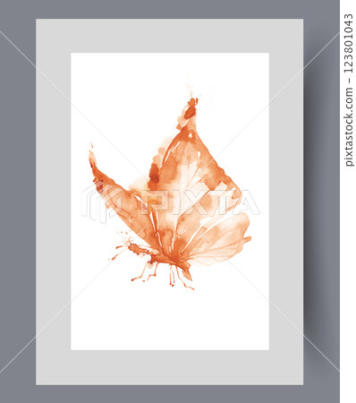 Flying orange butterfly waves wings, heading for weights of on wall art. Watercolor artwork Flying orange butterfly waves wings, heading for weights of on wall art. Watercolor artwork 123801043