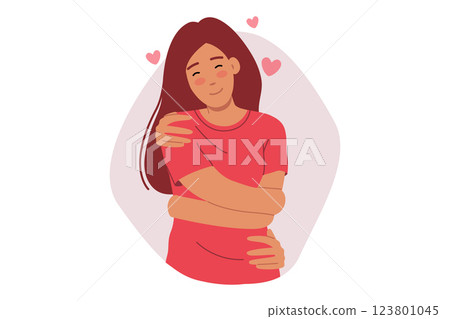 Self-love and respect for mental health are demonstrated by woman hugging own body 123801045