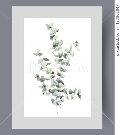 Tree branch with small petals that grow larger after onset of spring on poster. Watercolor artwork 123801047