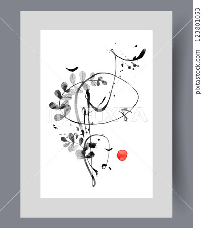Japanese plant composition with tree branch and abstract lines on wall art. Watercolor artwork Japanese plant composition with tree branch and abstract lines on wall art. Watercolor artwork 123801053