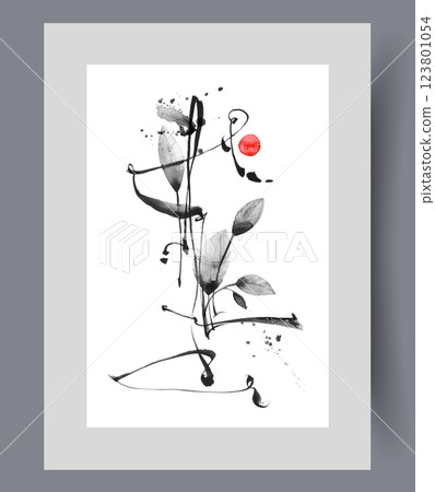 Sprig of plants with abstract lines and red dot symbolizing asia on wall art. Watercolor artwork Sprig of plants with abstract lines and red dot symbolizing asia on wall art. Watercolor artwork 123801054