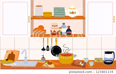 Kitchen interior illustration. A countertop, shelves for dishes, a sink, a pot of food. Dishes and utensils for cooking. 123801134