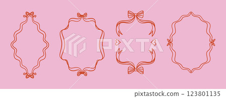 Vintage pink frames with bows and ribbons for wedding and birthday invitations. 123801135