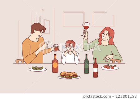 Problem of family alcoholism causes stress for little boy watching parents drink and exes about son 123801158
