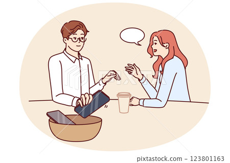 Couple have lunch in cafe putting phones to enjoy live communication for concept mobile detox 123801163