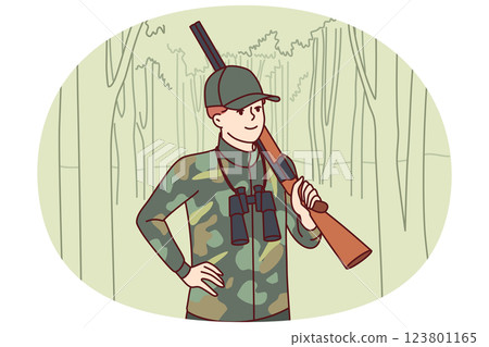 Man hunter with double-barreled gun stands in forest with binoculars to track down wild animal 123801165