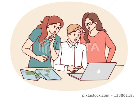 Amazed friends with credit card shopping online choosing travel package or hotel for shared vacation 123801183