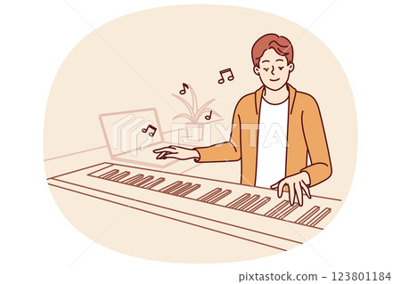 Man plays synthesizer coming up with soundtrack for new movie or tune for popular music album 123801184