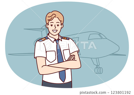 Man pilot of airplane stands with arms crossed near airliner inviting to buy new airline ticket 123801192