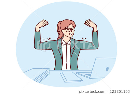 Businesswoman showing biceps on hands sitting at office table with laptop and demonstrating ambition Businesswoman showing biceps on hands sitting at office table with laptop and demonstrating ambition 123801193