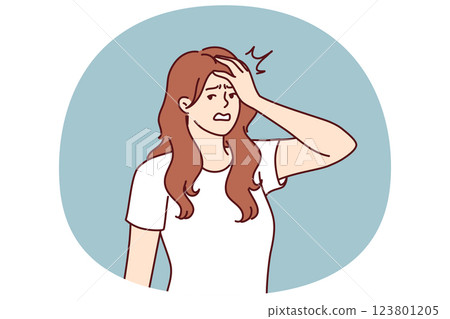 Irritated woman making face palm gesture after learning about delay in delivery from courier Irritated woman making face palm gesture after learning about delay in delivery from courier 123801205