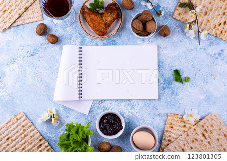 Traditional Passover Seder plate with symbolic foods. Symbolic of Jewish holiday Pesah. 123801305