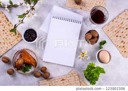 Traditional Passover Seder plate with symbolic foods. Symbolic of Jewish holiday Pesah. 123801306