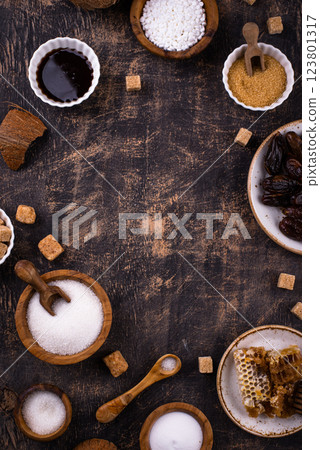 Various sugar replacement, healthy sweetener concept Various sugar replacement, healthy sweetener concept 123801317