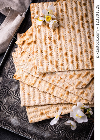 Traditional Jewish bread matzo for Passover 123801328