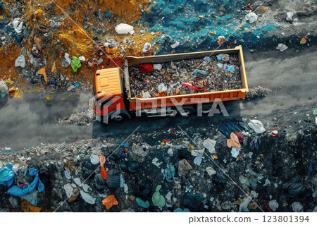 Truck dumps garbage into large pile that is collected for recycling AI Generative 123801394