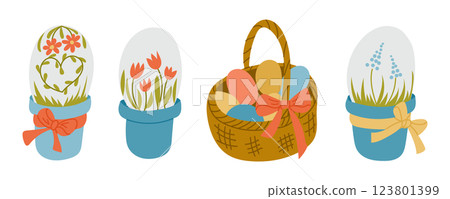Set of Easter-themed illustrations with decorated eggs in flower pots, a woven basket with colorful eggs, and floral elements tied with ribbons in a pastel color palette Set of Easter-themed illustrations with decorated eggs in flower pots, a woven basket with colorful eggs, and floral elements tied with ribbons in a pastel color palette 123801399