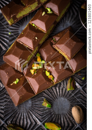 Dubai chocolate with kadayif pistachio filling Dubai chocolate with kadayif pistachio filling 123801403