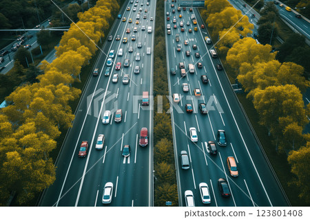 View of highway expressway with large number of cars moving rapidly AI Generative View of highway expressway with large number of cars moving rapidly AI Generative 123801408