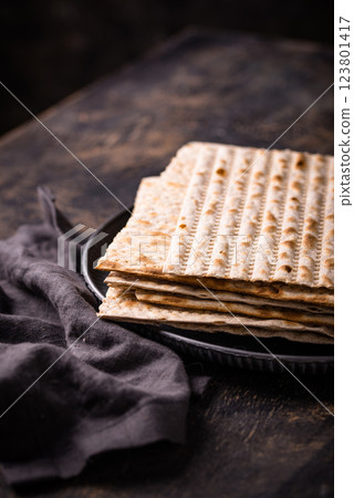Traditional Jewish bread matzo for Passover 123801417