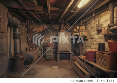 Basement of an old house with boiler system with heating pipes for heating AI Generative 123801454