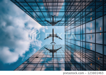 Flight of jumbo jet cargo passenger plane over modern skyscraper that is reflected in glass AI Generative 123801463