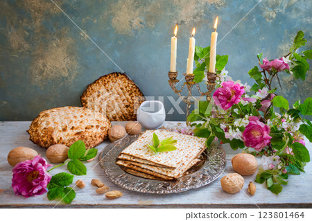 Jewish traditional holiday with Passover unleavened bread Matzah Pesach celebration a ritual AI Generative 123801464