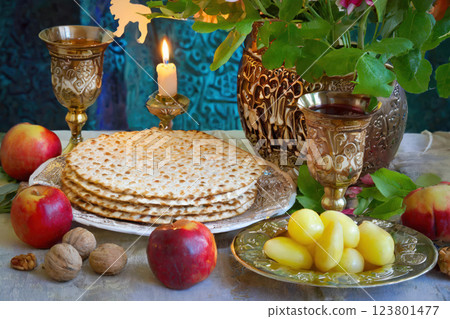 Passover celebration jewish pesach attributes, kosher wine, matzah flatbread bread AI Generative 123801477