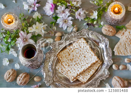 Pesach celebration ritual with unleavened flatbread Matzah, traditional Jewish holiday AI Generative Pesach celebration ritual with unleavened flatbread Matzah, traditional Jewish holiday AI Generative 123801488
