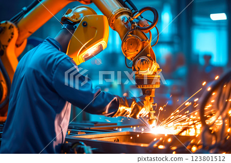 A worker oversees a robotic welder in a dimly lit factory, creating sparks while assembling metal parts. 123801512