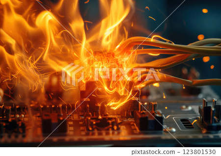 Accident involving an electrical short circuit at terminals of high voltage power board AI Generative 123801530