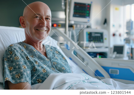 Bald mature man smiling during illness cancer AI Generative 123801544